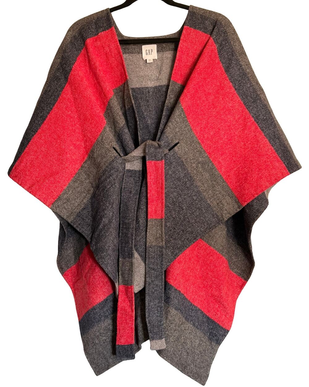 GAP Women’s Belt Poncho S/M Red, Black, Gray Wool Blend Cabincore, Winter Layer